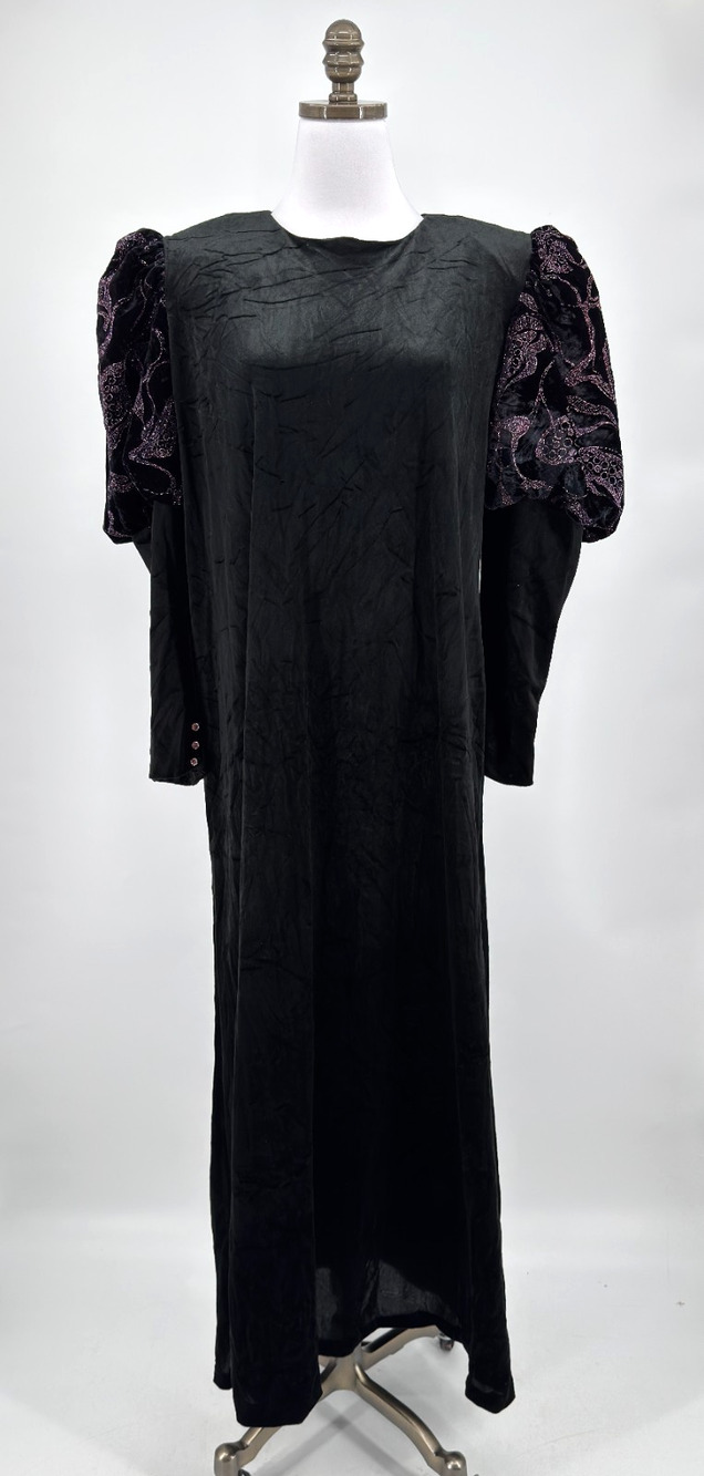 Vintage 80s David Brown Black Velvet Gold Puff Sleeve Evening Dress M